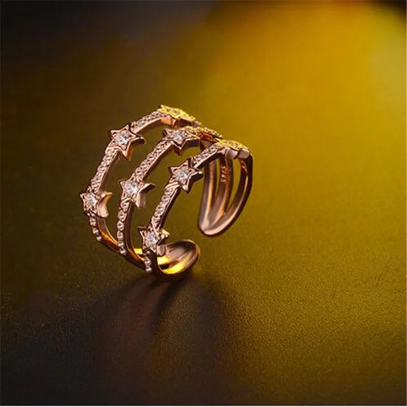 Triple-Layer Star Constellation Ring – 925 Sterling Silver Adjustable Band.