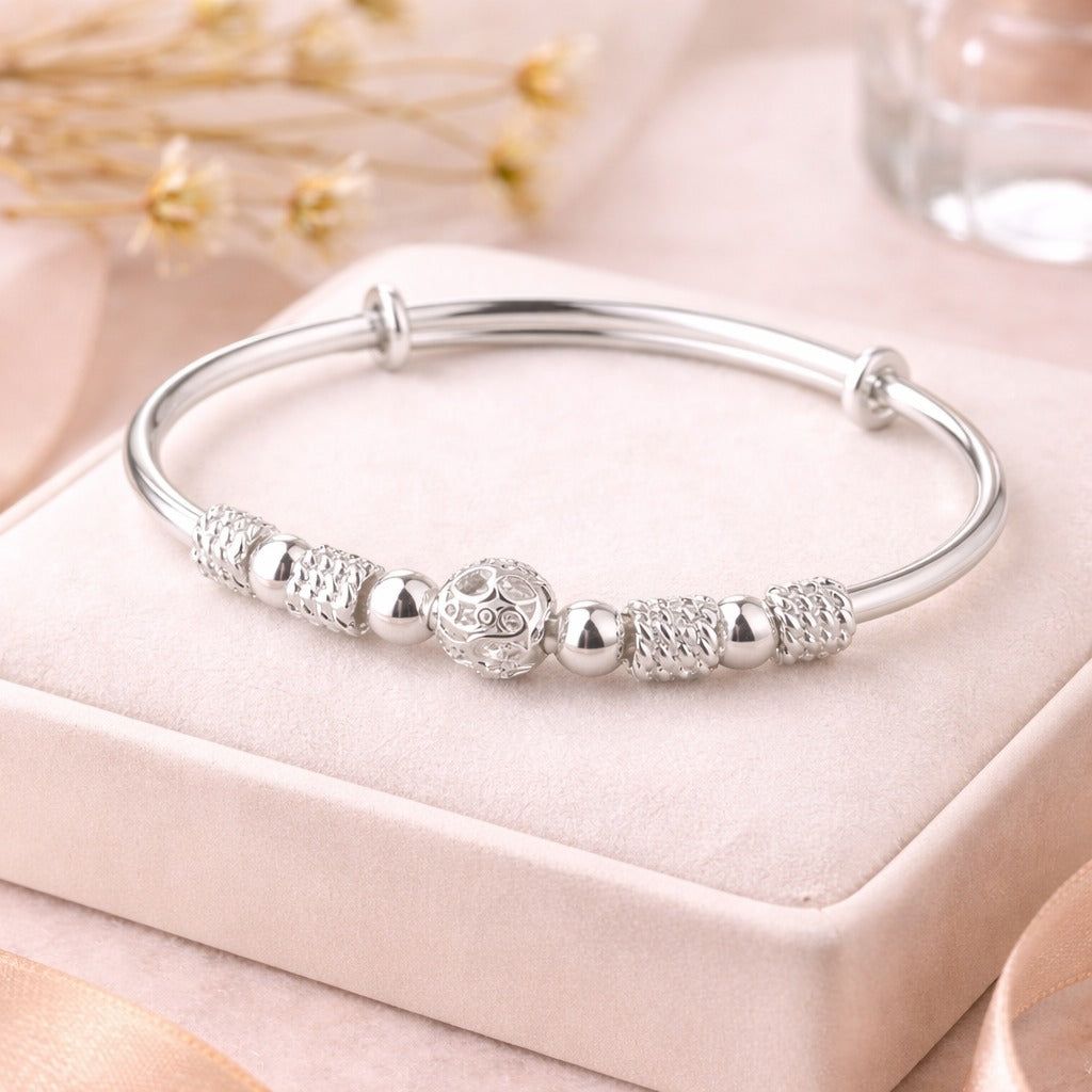 925 Sterling Silver Lucky Beads Bangle – Elegant Adjustable Cuff.