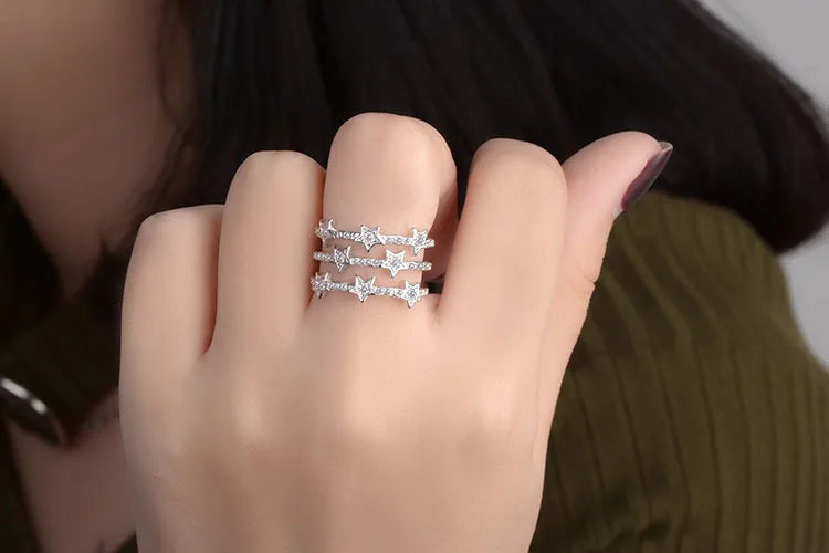 Triple-Layer Star Constellation Ring – 925 Sterling Silver Adjustable Band.