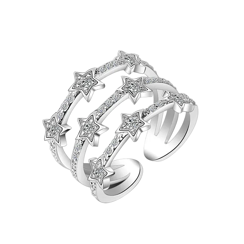 Triple-Layer Star Constellation Ring – 925 Sterling Silver Adjustable Band.
