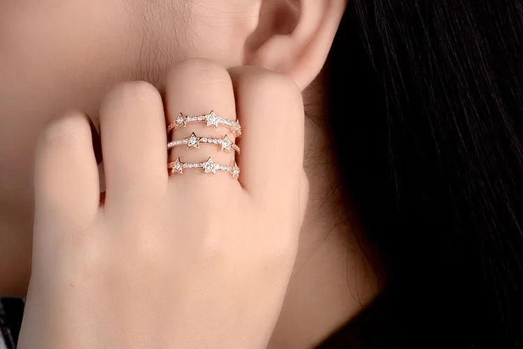 Triple-Layer Star Constellation Ring – 925 Sterling Silver Adjustable Band.
