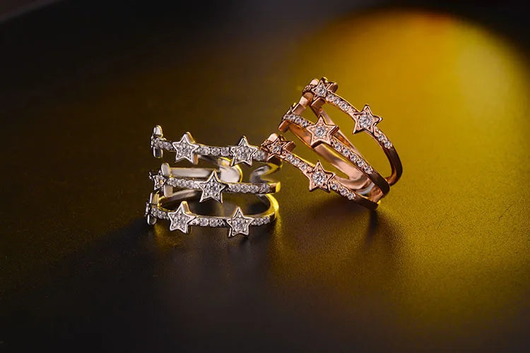 Triple-Layer Star Constellation Ring – 925 Sterling Silver Adjustable Band.