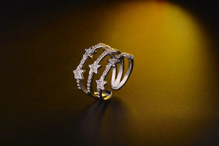 Triple-Layer Star Constellation Ring – 925 Sterling Silver Adjustable Band.