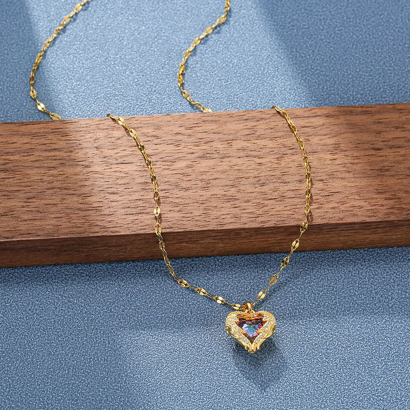 Ocean Heart Pendant Necklace – Sparkling Crystal in 316L Stainless Steel.