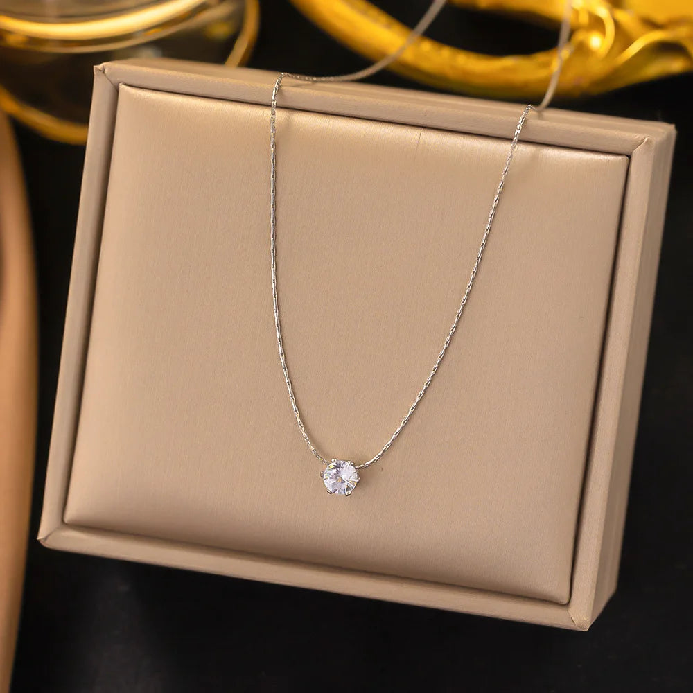 Delicate Crystal Solitaire Necklace – Everyday Stainless Steel Jewelry.