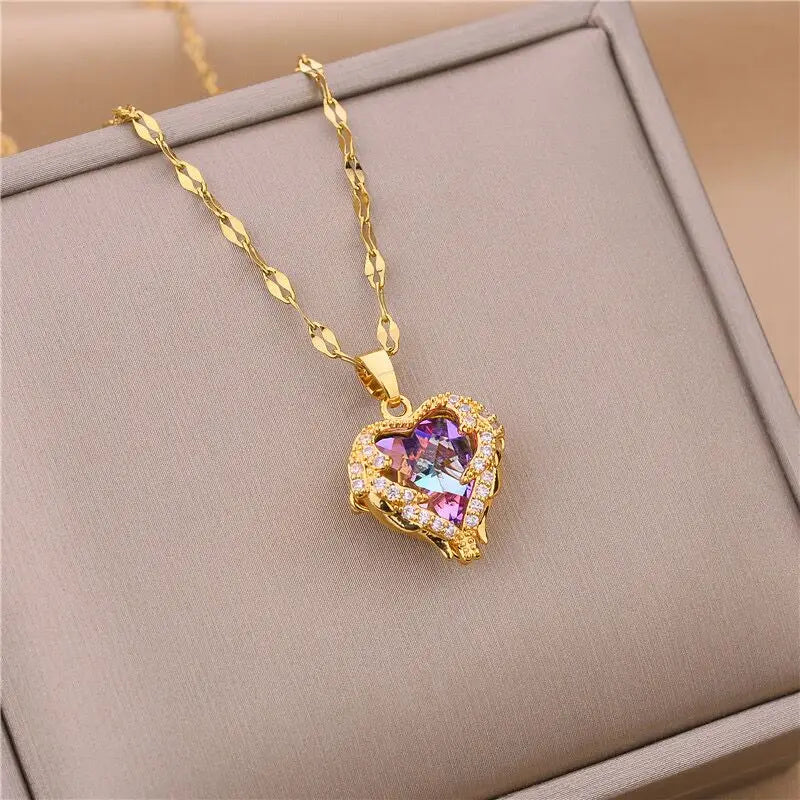 Ocean Heart Pendant Necklace – Sparkling Crystal in 316L Stainless Steel.