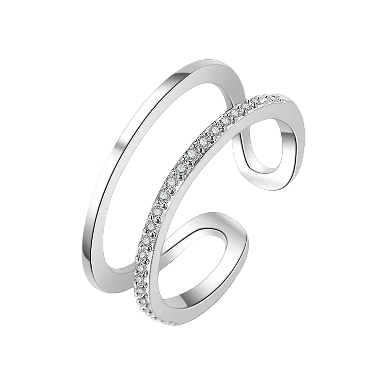 Double-Layer Sparkling Ring – 925 Sterling Silver Adjustable Band.