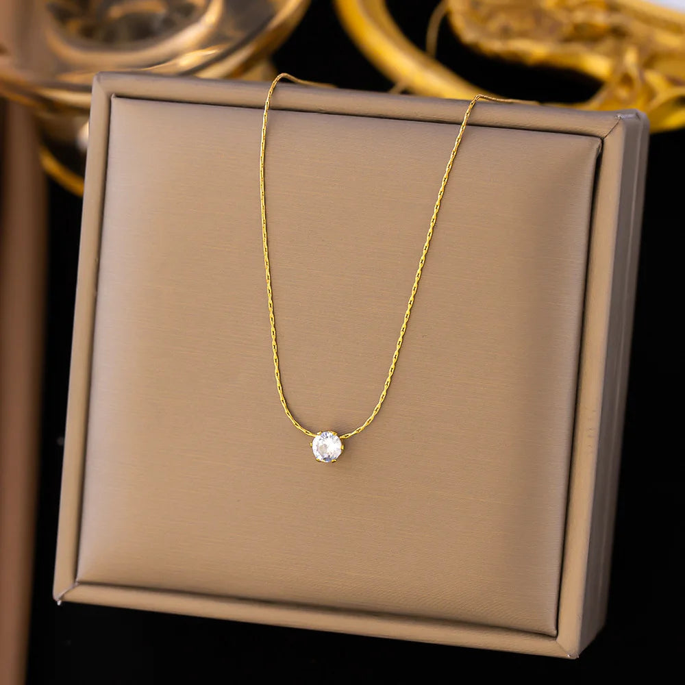 Delicate Crystal Solitaire Necklace – Everyday Stainless Steel Jewelry.