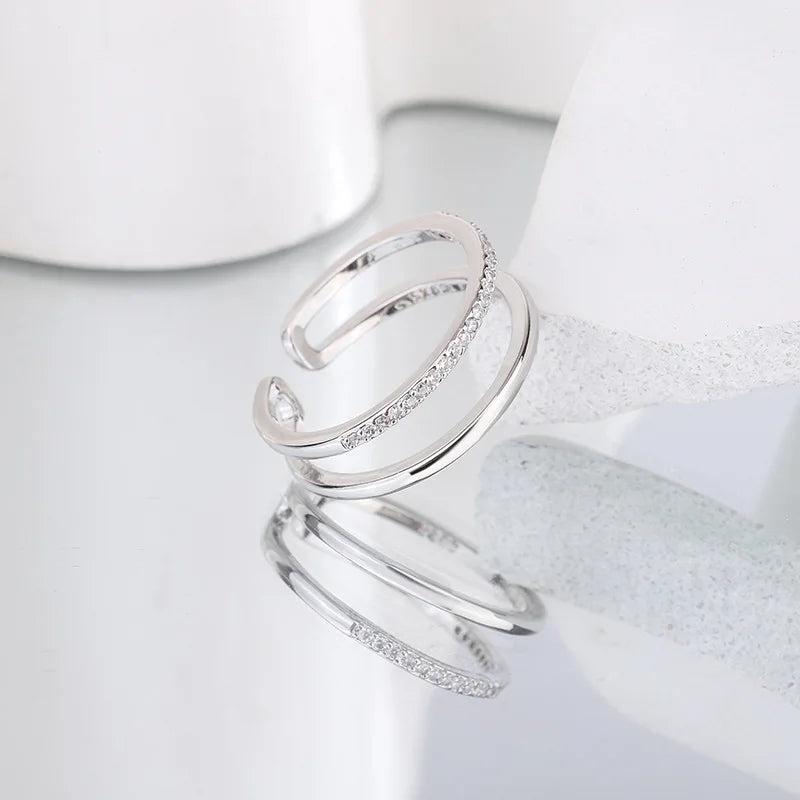 Double-Layer Sparkling Ring – 925 Sterling Silver Adjustable Band.