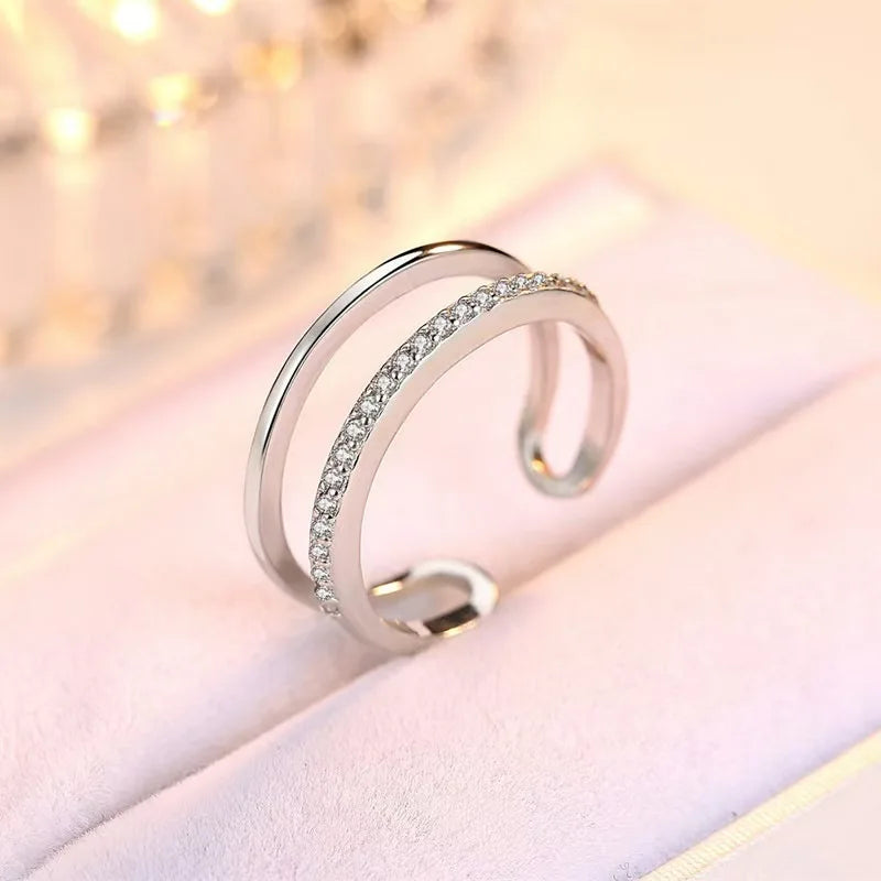 Double-Layer Sparkling Ring – 925 Sterling Silver Adjustable Band.