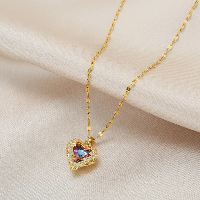 Ocean Heart Pendant Necklace – Sparkling Crystal in 316L Stainless Steel.