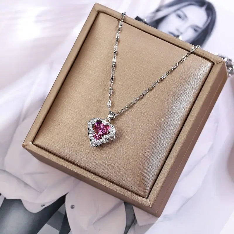 Ocean Heart Pendant Necklace – Sparkling Crystal in 316L Stainless Steel.