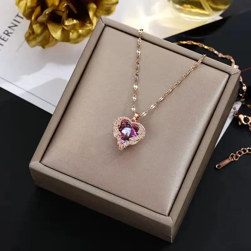 Ocean Heart Pendant Necklace – Sparkling Crystal in 316L Stainless Steel.