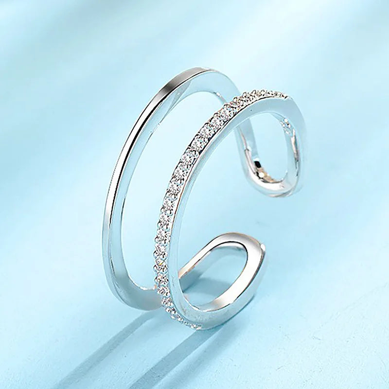 Double-Layer Sparkling Ring – 925 Sterling Silver Adjustable Band.