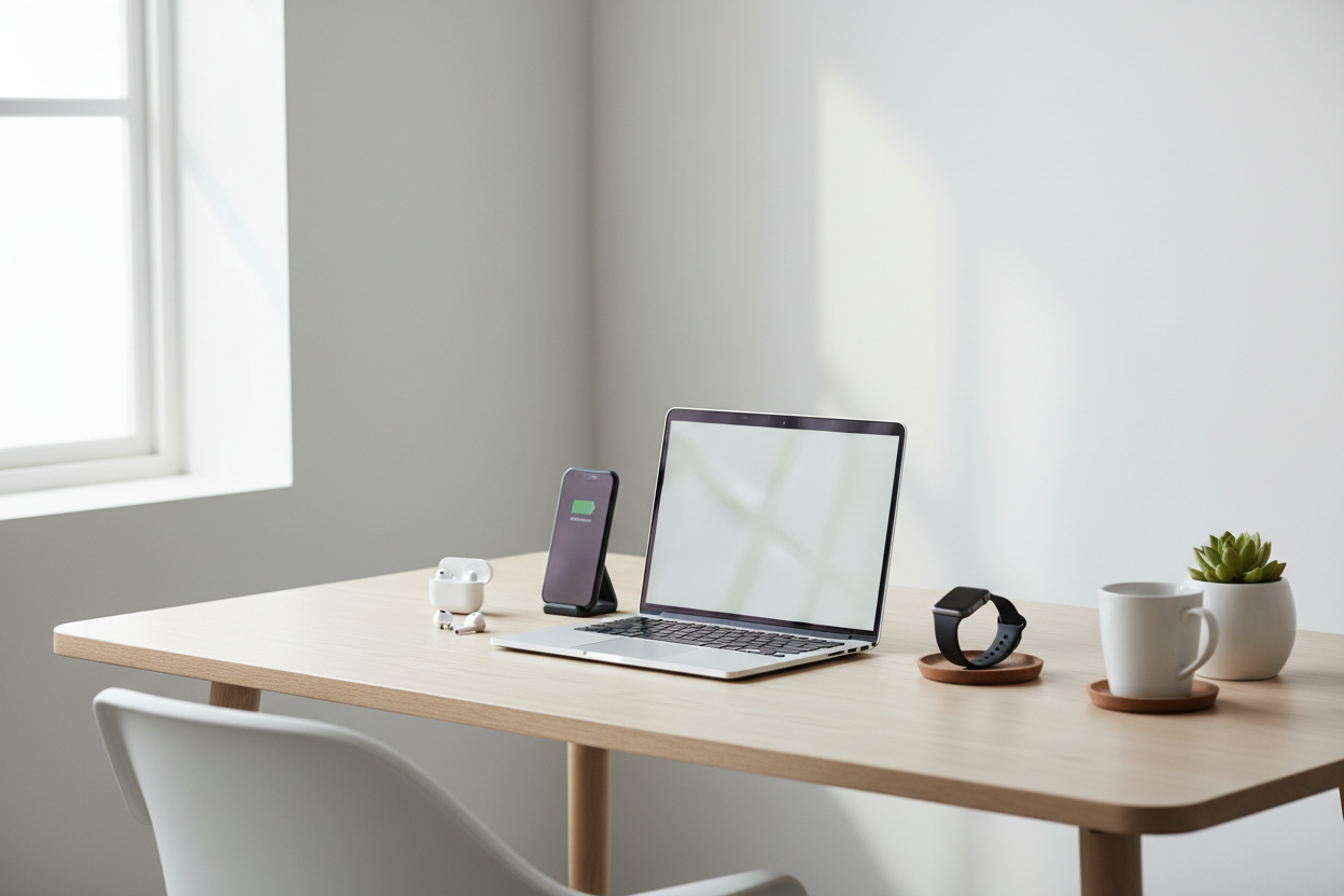 Banner com aparelhos eletrônicos em escritório minimalista